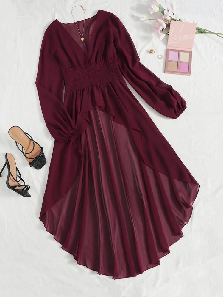 Mulvari Plunge Neck Lantern Sleeve High Low Hem Top - Maroon - View 1