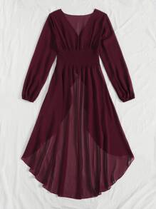 Mulvari Plunge Neck Lantern Sleeve High Low Hem Top - Maroon - View 2