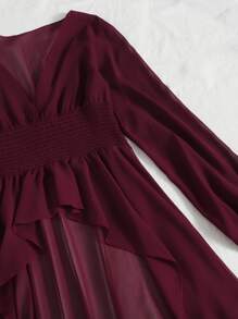 Mulvari Plunge Neck Lantern Sleeve High Low Hem Top - Maroon - View 4