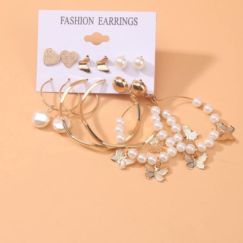 

12pcs Butterfly & Faux Pearl Decor Earrings, Gold