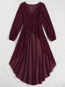 Mulvari Plunge Neck Lantern Sleeve High Low Hem Top - Maroon - View 5
