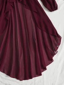 Mulvari Plunge Neck Lantern Sleeve High Low Hem Top - Maroon - View 6