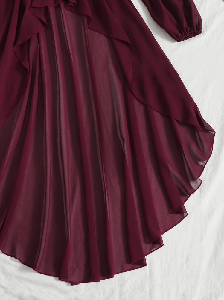 Mulvari Plunge Neck Lantern Sleeve High Low Hem Top - Maroon - View 6