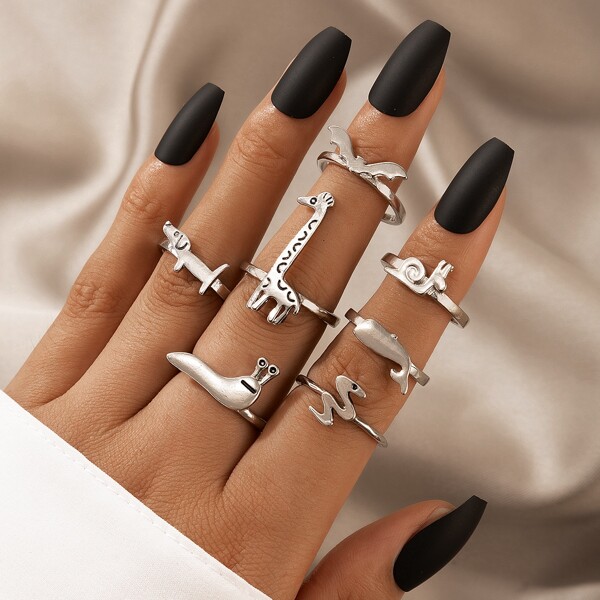 

7pcs Animal Decor Ring, Silver