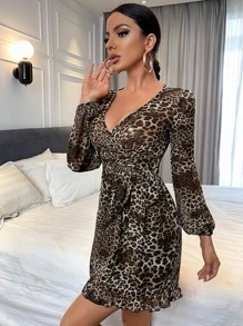 Vestido con estampado de leopardo cruzado bajo con fruncido - Multicolor - Ver 5