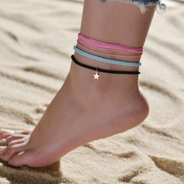 

2pcs Girls Star Charm Beaded Anklet, Multicolor