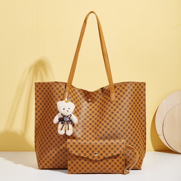 

Geometric Graphic Tote Bag With Purse & Bear Charm, Brown