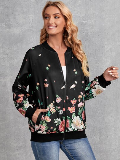 SHEIN プラス 花柄 ＆ スカルプリント ジッパーアップ ボンバージャケット SHEIN ボンバージャケット 花柄プリント ラグランスリーブ