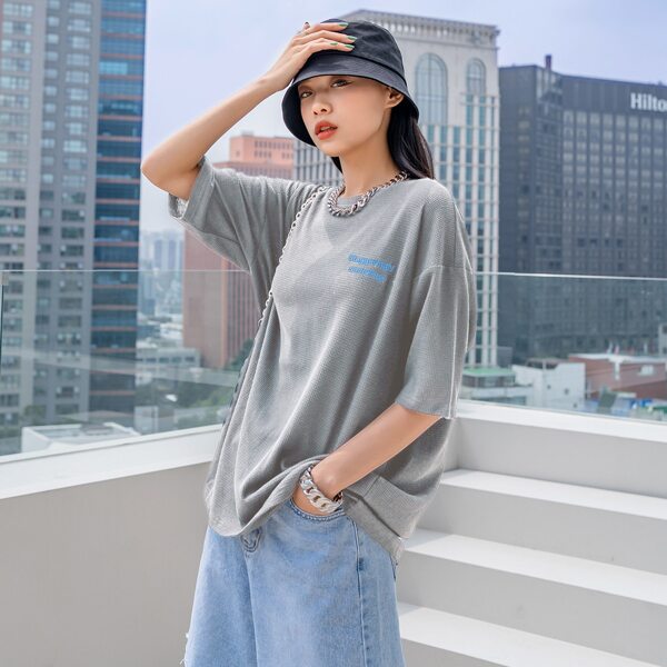 

Letter Embroidery Drop Shoulder Oversized Tee, Grey