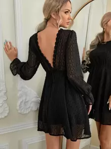 Đầm Tương phản Mesh Cắt ra Thắt nút Xù màu trơn Thanh lịch - màu đen - Xem 1
