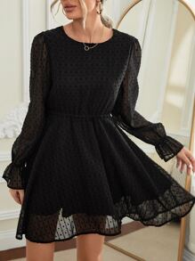 Đầm Tương phản Mesh Cắt ra Thắt nút Xù màu trơn Thanh lịch - màu đen - Xem 2