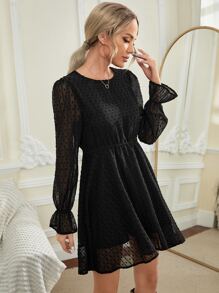 Đầm Tương phản Mesh Cắt ra Thắt nút Xù màu trơn Thanh lịch - màu đen - Xem 3