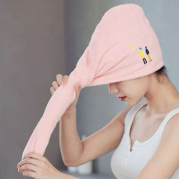 

1pc Couple Embroidery Hair Drying Cap, Pink