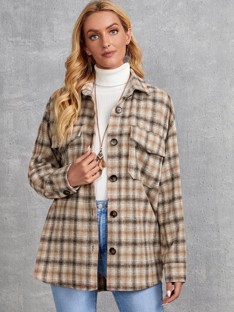 SHEIN LUNE Plaid Flap Pocket Drop Shoulder Overcoat - Multicolor - View 1