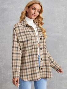 SHEIN LUNE Abrigo de cuadros con bolsillo con solapa de hombros caídos - Multicolor - Ver 3