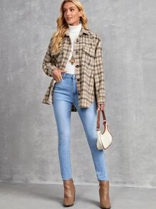 SHEIN LUNE Abrigo de cuadros con bolsillo con solapa de hombros caídos - Multicolor - Ver 4