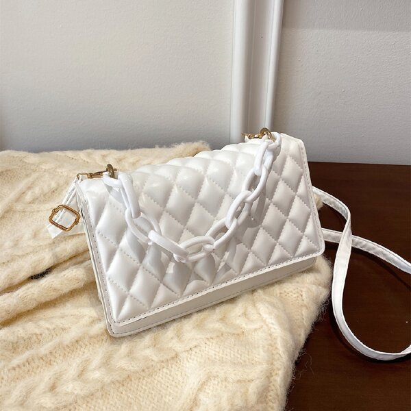 

Quilted Pattern Chain Square Bag, White