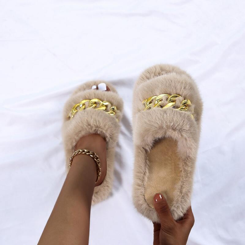 

Chain Decor Fluffy Slippers, Khaki
