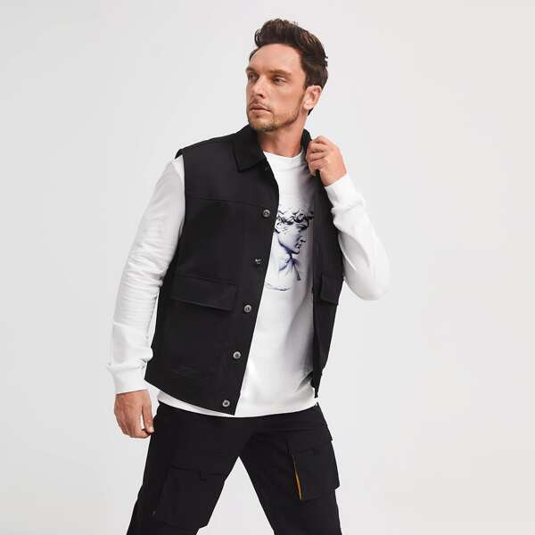 

Men Flap Pocket Vest Jacket Without Tee, Black