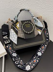 Bow Decor Mini Skinny Scarf Decor Embroidery Detail Flap Square Bag - Black - View 1