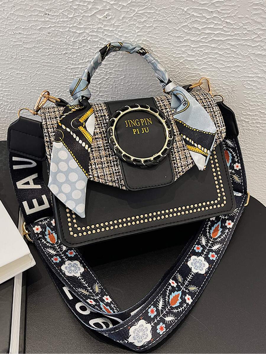 Bow Decor Mini Skinny Scarf Decor Embroidery Detail Flap Square Bag - Black - View 1