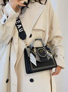 Bow Decor Mini Skinny Scarf Decor Embroidery Detail Flap Square Bag - Black - View 2