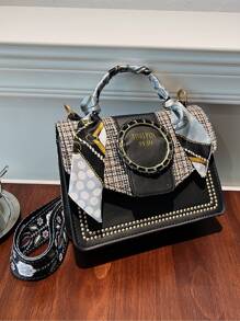 Bow Decor Mini Skinny Scarf Decor Embroidery Detail Flap Square Bag - Black - View 3