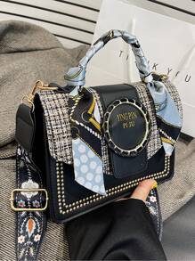 Bow Decor Mini Skinny Scarf Decor Embroidery Detail Flap Square Bag - Black - View 4