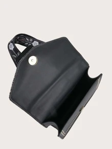 Bow Decor Mini Skinny Scarf Decor Embroidery Detail Flap Square Bag - Black - View 5