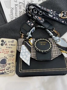 Bow Decor Mini Skinny Scarf Decor Embroidery Detail Flap Square Bag - Black - View 6