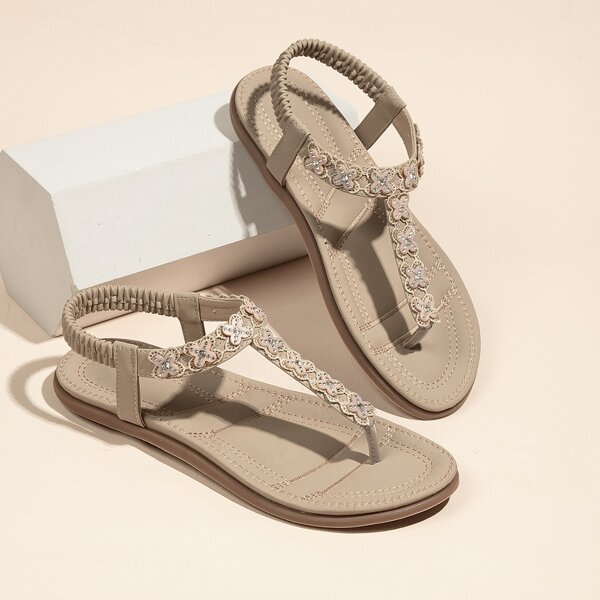 

Rhinestone Decor Appliques Detail Thong Sandals, Apricot