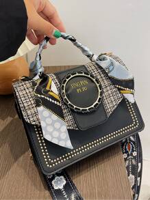Bow Decor Mini Skinny Scarf Decor Embroidery Detail Flap Square Bag - Black - View 7