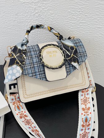 絲巾裝飾刺繡細節翻蓋方包