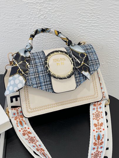 Mini Skinny Scarf Decor Embroidery Detail Flap Square Bag