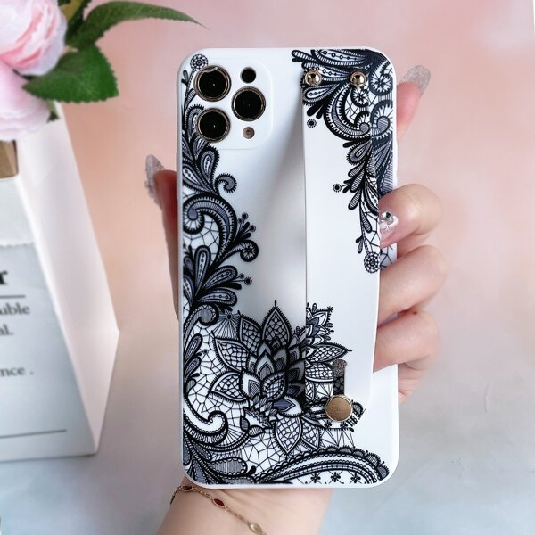 

Floral Phone Case With Wristband Holder, Black and white