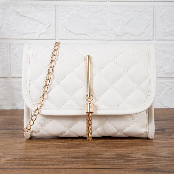 

Minimalist Quilted Tassel Decor Chain Crossbody Bag, White