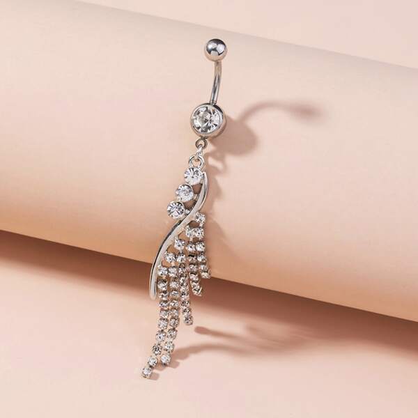

Rhinestone Tassel Decor Navel Belly Ring, Silver