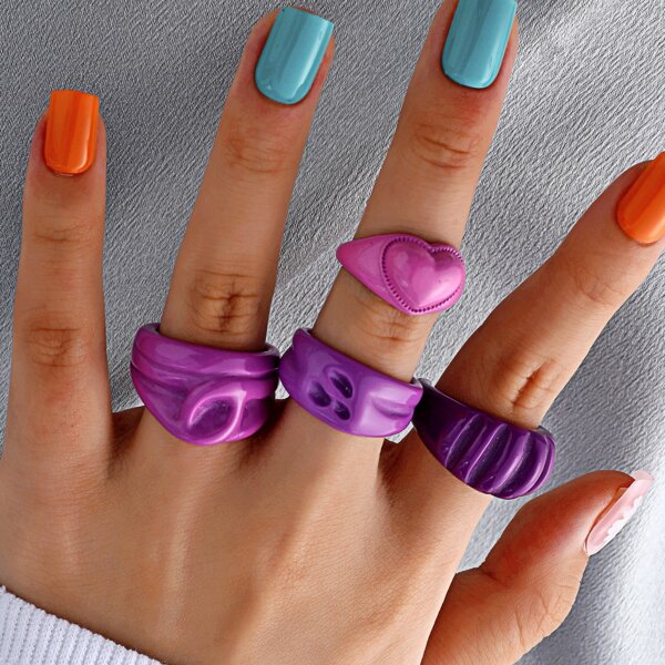 

4pcs Heart Decor Ring, Multicolor
