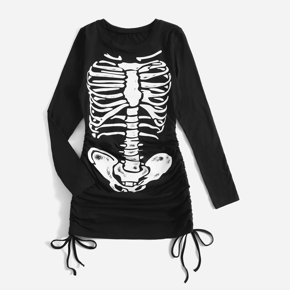 

Skeleton Print Drawstring Dress, Black