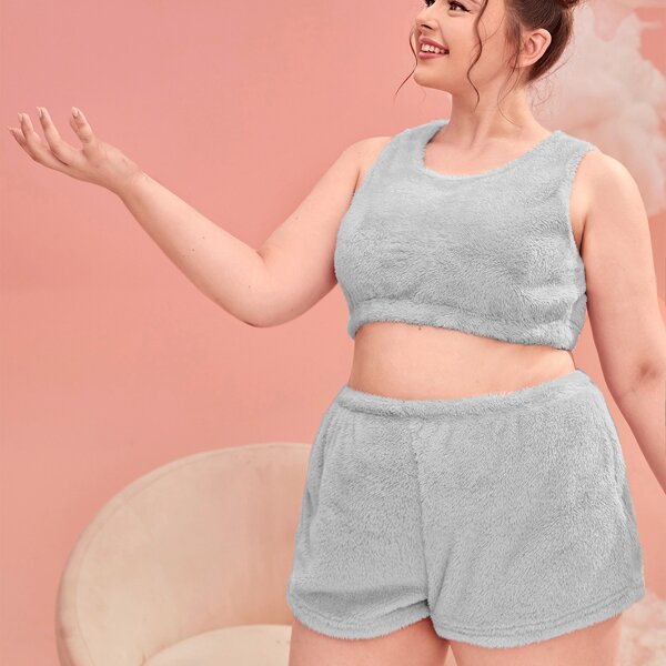 

Plus Solid Flannel Tank & Shorts PJ Set, Light grey