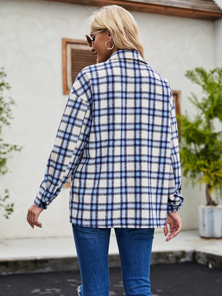 Plaid Drop Shoulder Overcoat - Multicolor - View 2