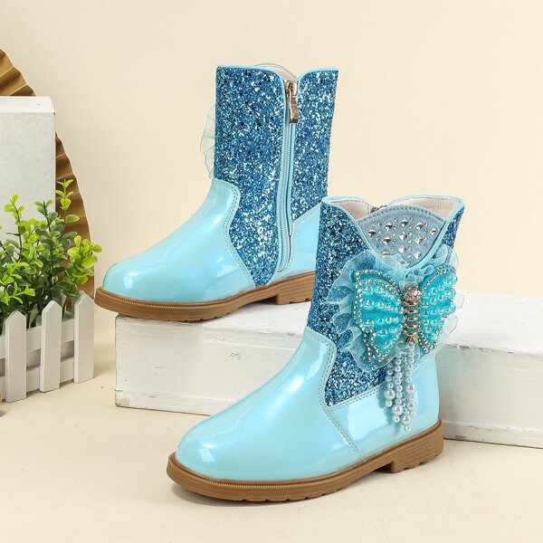 

Girls Glitter Butterfly Decor Side Zipper Boots, Blue