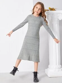 SHEIN Áo len nữ Gân đan màu trơn Giải trí - Màu Xám nhạt - Xem 2