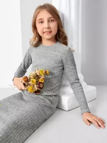 SHEIN Áo len nữ Gân đan màu trơn Giải trí - Màu Xám nhạt - Xem 1