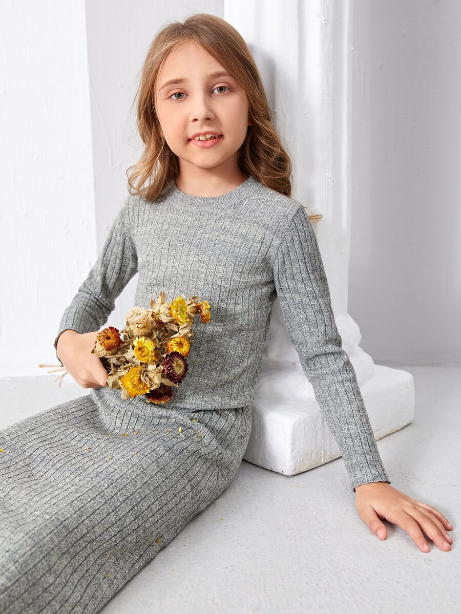 SHEIN Áo len nữ Gân đan màu trơn Giải trí - Màu Xám nhạt - Xem 1