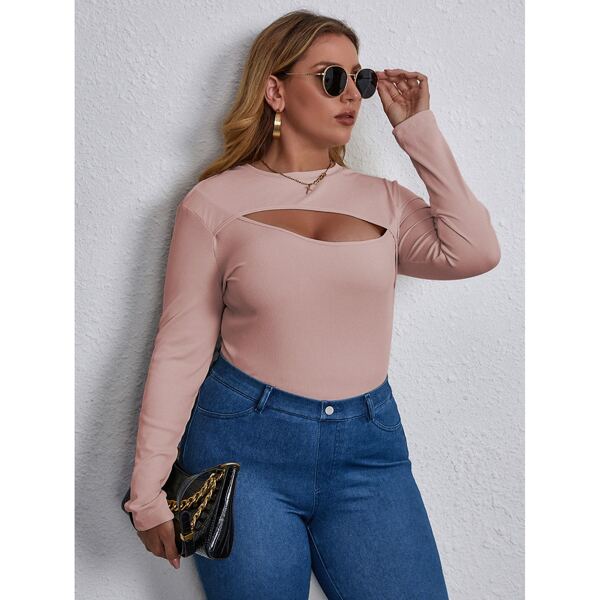 

Plus Cut Out Ribbed Knit Tee, Baby pink