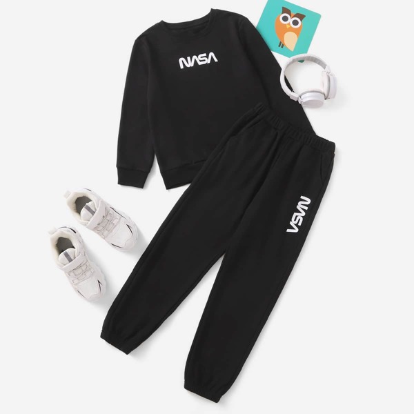 

Boys Letter Graphic Pullover & Sweatpants, Black