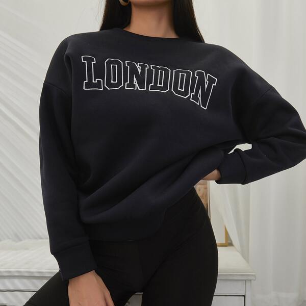 

Letter Embroidery Drop Shoulder Pullover, Navy blue