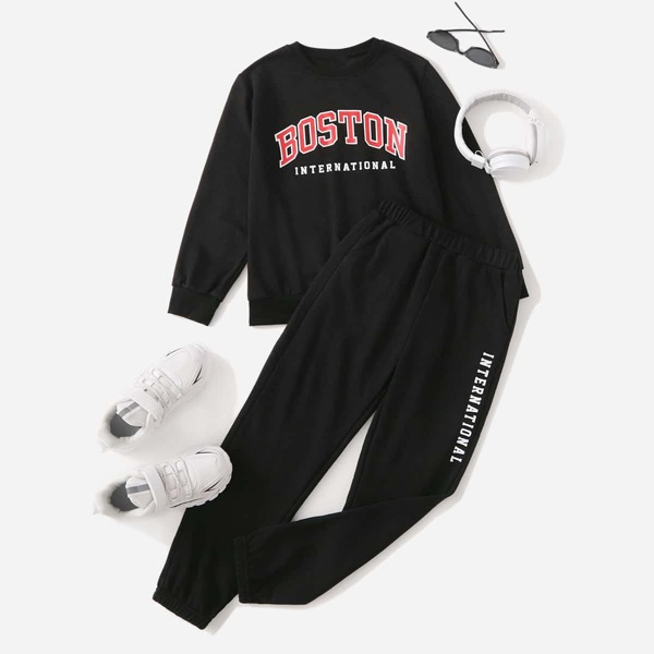 

Boys Letter Graphic Pullover & Sweatpants, Black