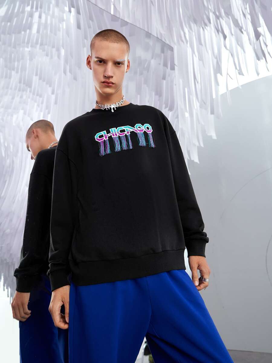 Manfinity Men Letter Embroidery Fringe Trim Drop Shoulder Sweatshirt - Black - View 1